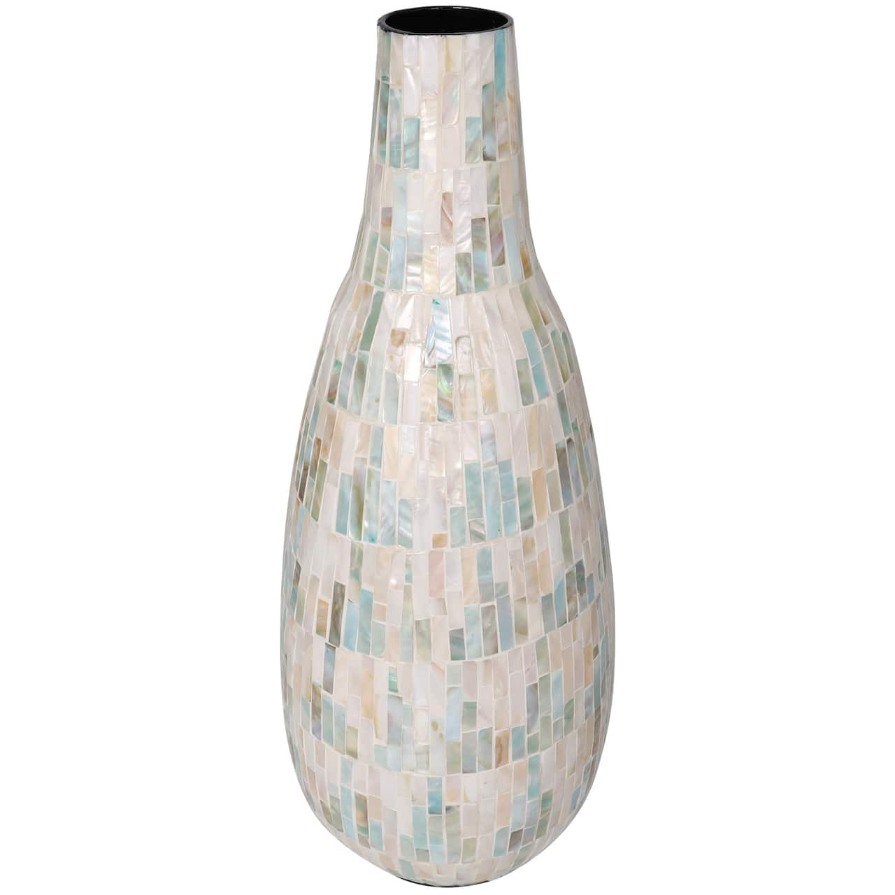 21" White Mother of Pearl Handmade Mosaic Inspired Vase with Pastel Blue and Pink Accents